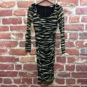 DKNY Dress Women's XS Multicolor Striped Abstract Ruched Mesh Sheer Bodycon